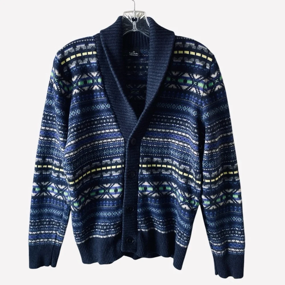 PAUL SMITH Men's Blue Fair-isle Wool/Cashmere Blend Shawl Collar Cardigan S